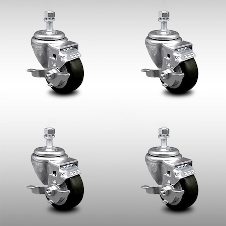 Service Caster 3 Inch SS Black Polyurethane Swivel 3/8 Inch Threaded Stem Caster Set Brake SCC SCC-SSTS20S314-PPUB-BLK-TLB-381615-4